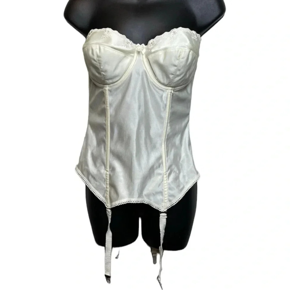 Vintage Goddess Corset 34C Ivory Longline Satin Boned Bustier‎ Garter Straps